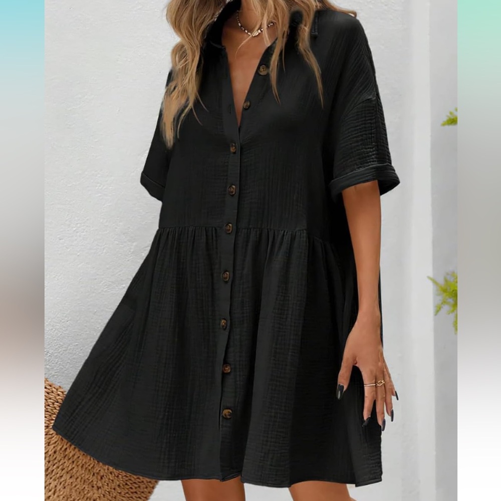 Cotton Black Button Down Mini Dress